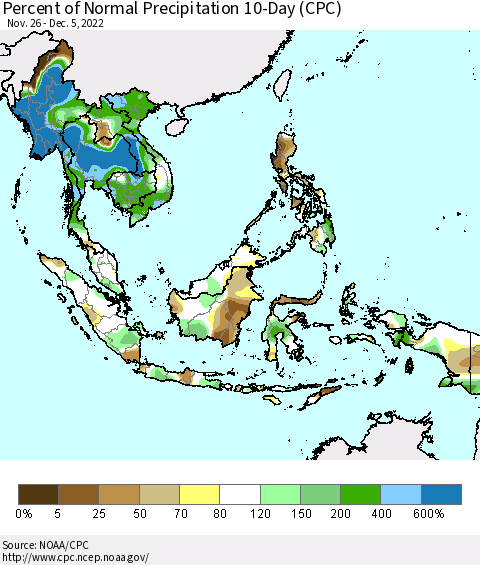 South East Asia Percent of Normal Precipitation 10-Day (CPC) Thematic Map For 11/26/2022 - 12/5/2022