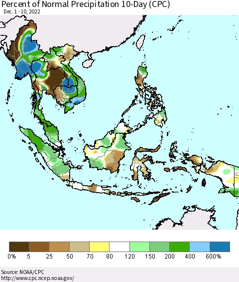 South East Asia Percent of Normal Precipitation 10-Day (CPC) Thematic Map For 12/1/2022 - 12/10/2022