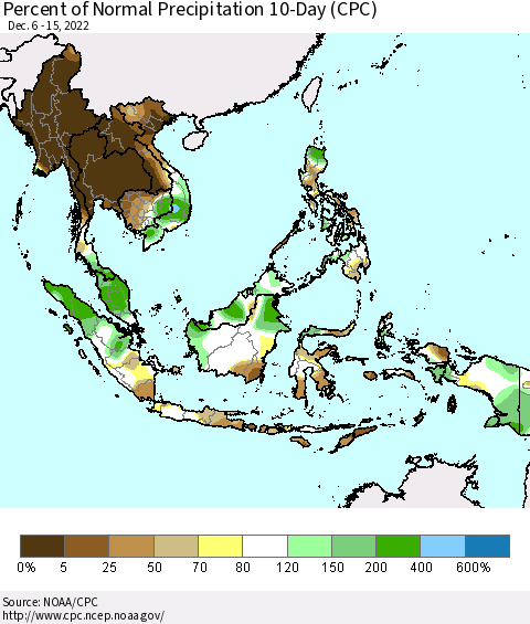 South East Asia Percent of Normal Precipitation 10-Day (CPC) Thematic Map For 12/6/2022 - 12/15/2022
