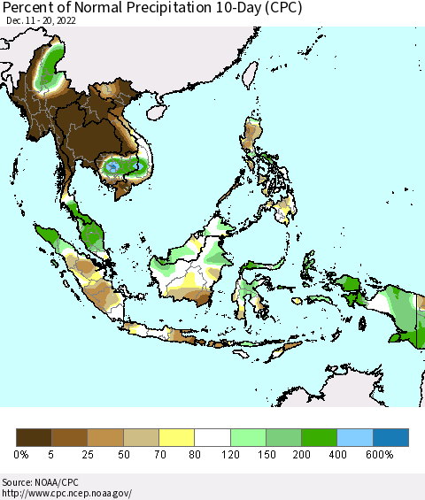 South East Asia Percent of Normal Precipitation 10-Day (CPC) Thematic Map For 12/11/2022 - 12/20/2022