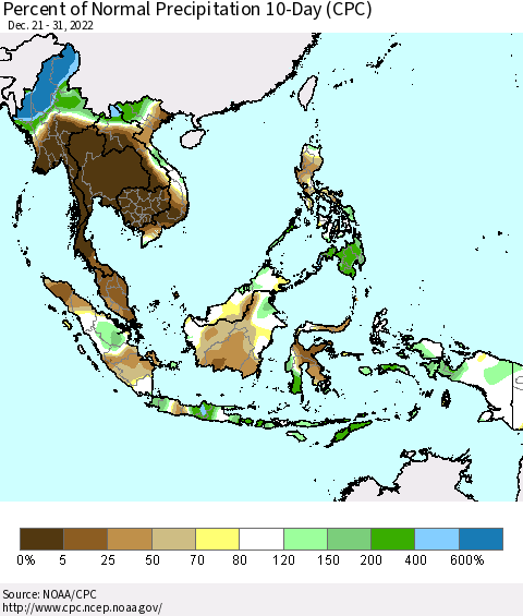 South East Asia Percent of Normal Precipitation 10-Day (CPC) Thematic Map For 12/21/2022 - 12/31/2022