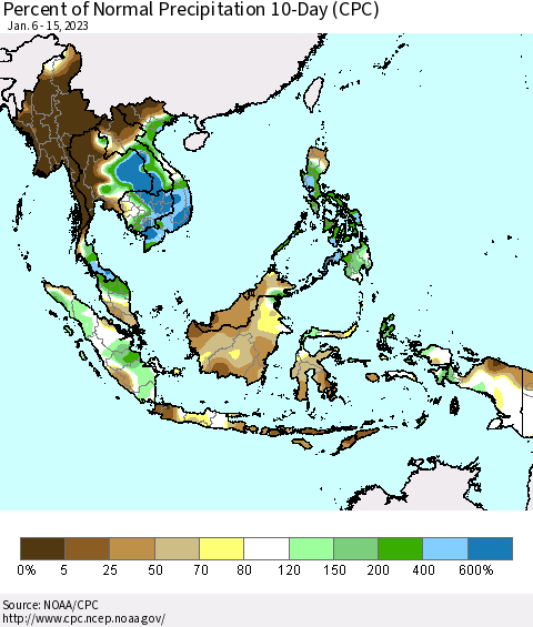 South East Asia Percent of Normal Precipitation 10-Day (CPC) Thematic Map For 1/6/2023 - 1/15/2023