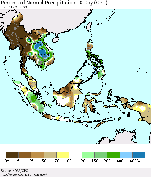South East Asia Percent of Normal Precipitation 10-Day (CPC) Thematic Map For 1/11/2023 - 1/20/2023