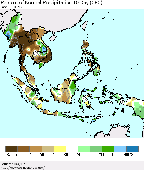 South East Asia Percent of Normal Precipitation 10-Day (CPC) Thematic Map For 4/1/2023 - 4/10/2023