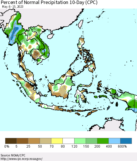 South East Asia Percent of Normal Precipitation 10-Day (CPC) Thematic Map For 5/6/2023 - 5/15/2023