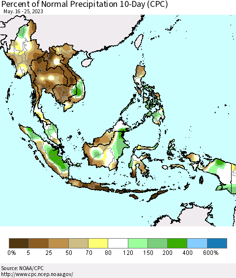 South East Asia Percent of Normal Precipitation 10-Day (CPC) Thematic Map For 5/16/2023 - 5/25/2023