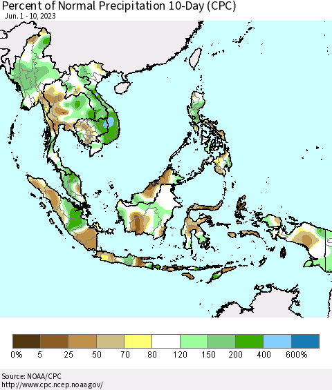 South East Asia Percent of Normal Precipitation 10-Day (CPC) Thematic Map For 6/1/2023 - 6/10/2023