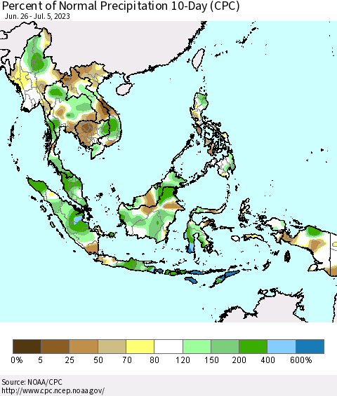 South East Asia Percent of Normal Precipitation 10-Day (CPC) Thematic Map For 6/26/2023 - 7/5/2023