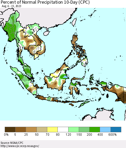 South East Asia Percent of Normal Precipitation 10-Day (CPC) Thematic Map For 8/6/2023 - 8/15/2023