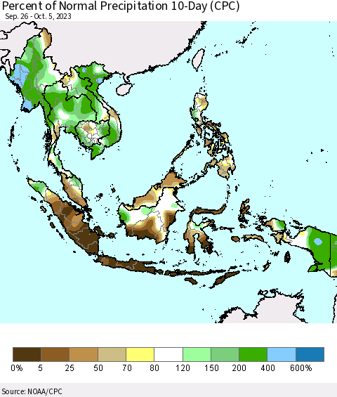 South East Asia Percent of Normal Precipitation 10-Day (CPC) Thematic Map For 9/26/2023 - 10/5/2023