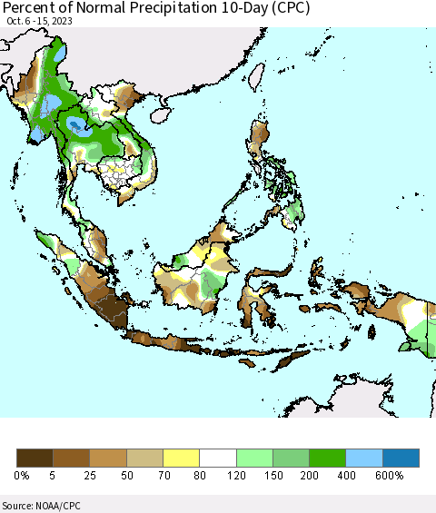 South East Asia Percent of Normal Precipitation 10-Day (CPC) Thematic Map For 10/6/2023 - 10/15/2023