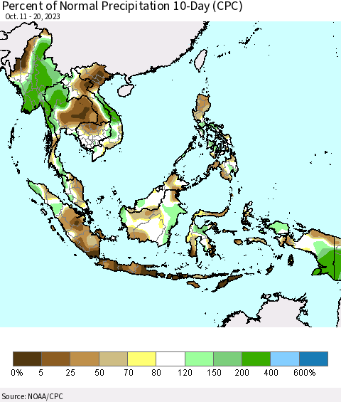South East Asia Percent of Normal Precipitation 10-Day (CPC) Thematic Map For 10/11/2023 - 10/20/2023