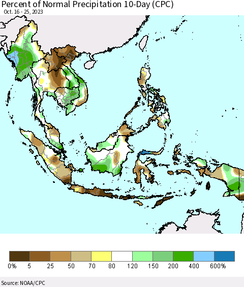 South East Asia Percent of Normal Precipitation 10-Day (CPC) Thematic Map For 10/16/2023 - 10/25/2023