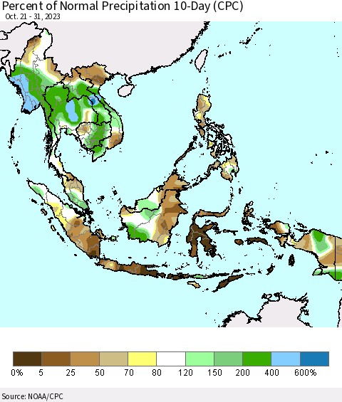 South East Asia Percent of Normal Precipitation 10-Day (CPC) Thematic Map For 10/21/2023 - 10/31/2023