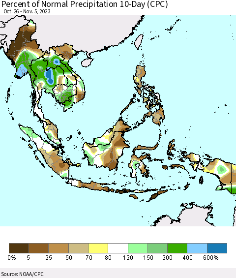 South East Asia Percent of Normal Precipitation 10-Day (CPC) Thematic Map For 10/26/2023 - 11/5/2023