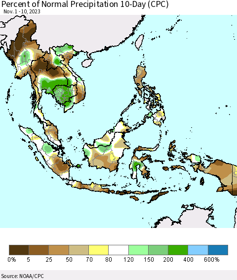 South East Asia Percent of Normal Precipitation 10-Day (CPC) Thematic Map For 11/1/2023 - 11/10/2023