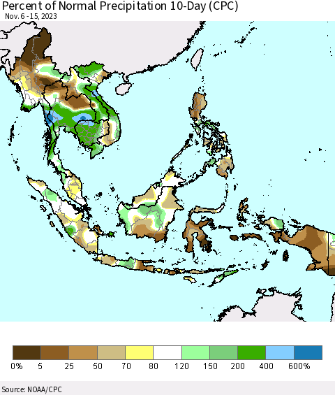South East Asia Percent of Normal Precipitation 10-Day (CPC) Thematic Map For 11/6/2023 - 11/15/2023
