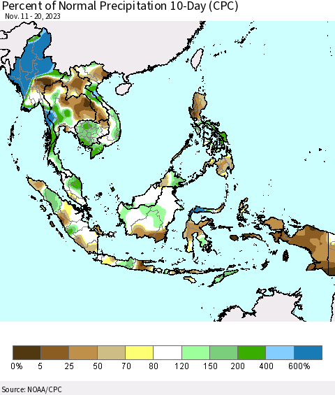 South East Asia Percent of Normal Precipitation 10-Day (CPC) Thematic Map For 11/11/2023 - 11/20/2023