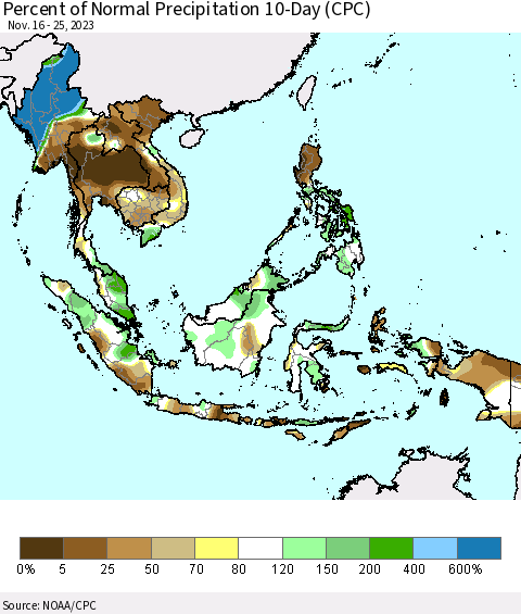 South East Asia Percent of Normal Precipitation 10-Day (CPC) Thematic Map For 11/16/2023 - 11/25/2023