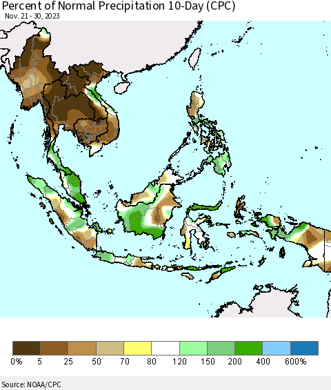South East Asia Percent of Normal Precipitation 10-Day (CPC) Thematic Map For 11/21/2023 - 11/30/2023
