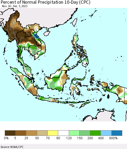 South East Asia Percent of Normal Precipitation 10-Day (CPC) Thematic Map For 11/26/2023 - 12/5/2023