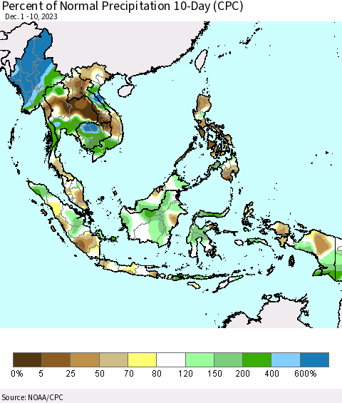 South East Asia Percent of Normal Precipitation 10-Day (CPC) Thematic Map For 12/1/2023 - 12/10/2023