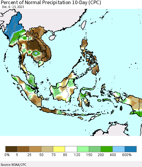 South East Asia Percent of Normal Precipitation 10-Day (CPC) Thematic Map For 12/6/2023 - 12/15/2023