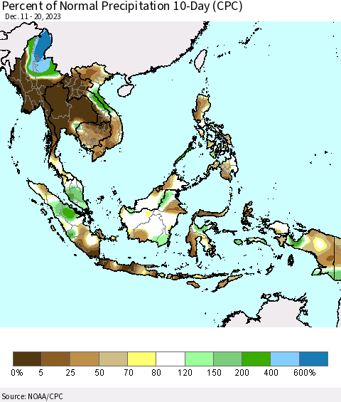 South East Asia Percent of Normal Precipitation 10-Day (CPC) Thematic Map For 12/11/2023 - 12/20/2023