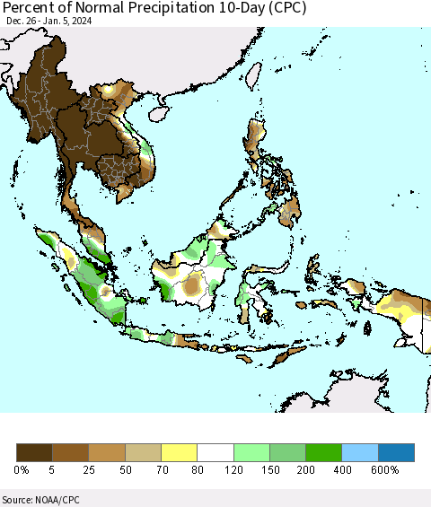 South East Asia Percent of Normal Precipitation 10-Day (CPC) Thematic Map For 12/26/2023 - 1/5/2024