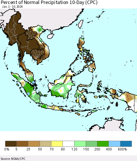 South East Asia Percent of Normal Precipitation 10-Day (CPC) Thematic Map For 1/1/2024 - 1/10/2024