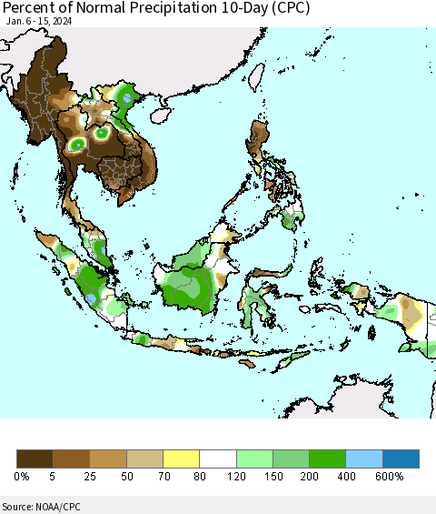 South East Asia Percent of Normal Precipitation 10-Day (CPC) Thematic Map For 1/6/2024 - 1/15/2024