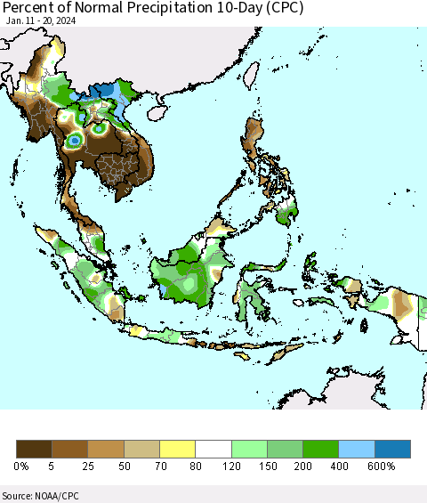 South East Asia Percent of Normal Precipitation 10-Day (CPC) Thematic Map For 1/11/2024 - 1/20/2024