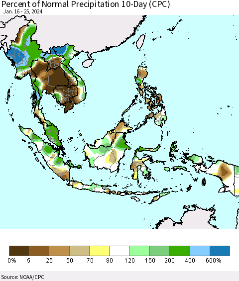 South East Asia Percent of Normal Precipitation 10-Day (CPC) Thematic Map For 1/16/2024 - 1/25/2024