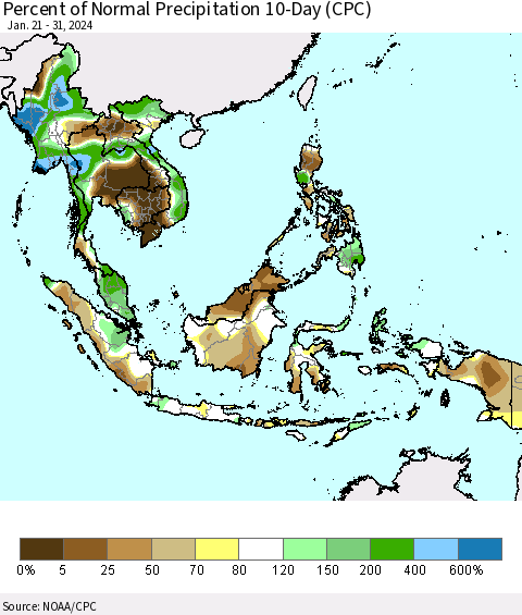 South East Asia Percent of Normal Precipitation 10-Day (CPC) Thematic Map For 1/21/2024 - 1/31/2024
