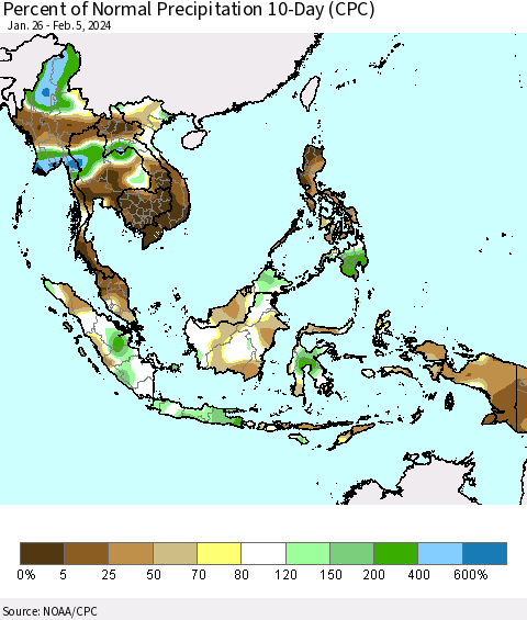 South East Asia Percent of Normal Precipitation 10-Day (CPC) Thematic Map For 1/26/2024 - 2/5/2024