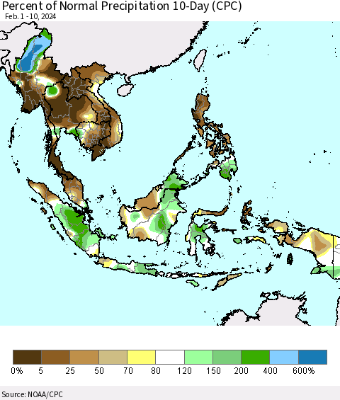 South East Asia Percent of Normal Precipitation 10-Day (CPC) Thematic Map For 2/1/2024 - 2/10/2024
