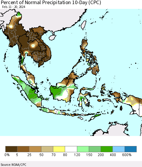 South East Asia Percent of Normal Precipitation 10-Day (CPC) Thematic Map For 2/11/2024 - 2/20/2024