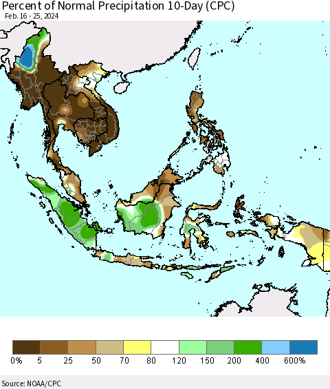 South East Asia Percent of Normal Precipitation 10-Day (CPC) Thematic Map For 2/16/2024 - 2/25/2024