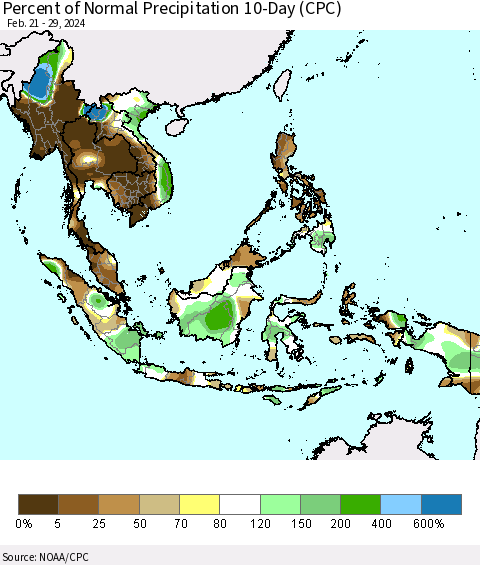 South East Asia Percent of Normal Precipitation 10-Day (CPC) Thematic Map For 2/21/2024 - 2/29/2024