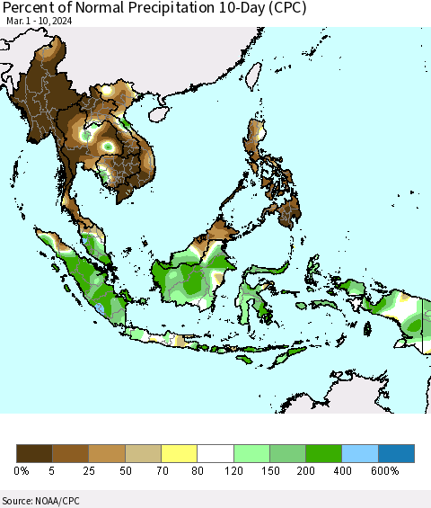 South East Asia Percent of Normal Precipitation 10-Day (CPC) Thematic Map For 3/1/2024 - 3/10/2024