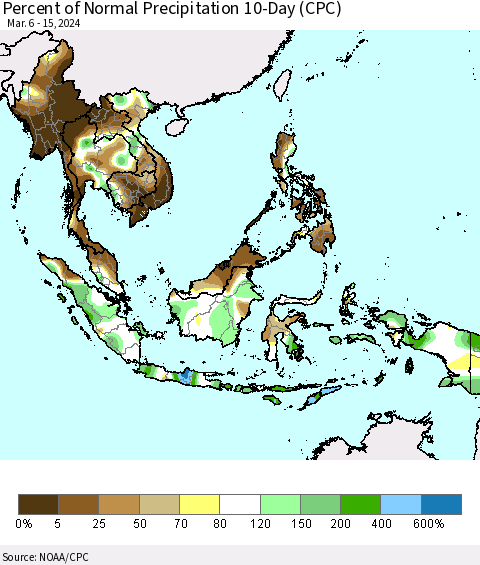 South East Asia Percent of Normal Precipitation 10-Day (CPC) Thematic Map For 3/6/2024 - 3/15/2024