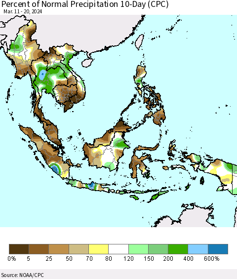 South East Asia Percent of Normal Precipitation 10-Day (CPC) Thematic Map For 3/11/2024 - 3/20/2024
