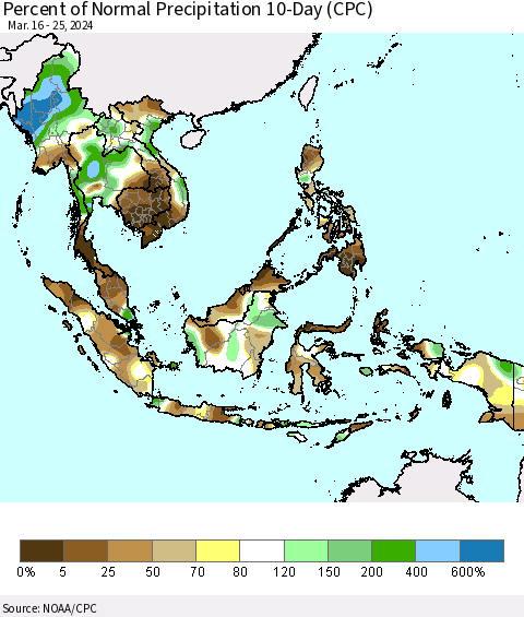 South East Asia Percent of Normal Precipitation 10-Day (CPC) Thematic Map For 3/16/2024 - 3/25/2024