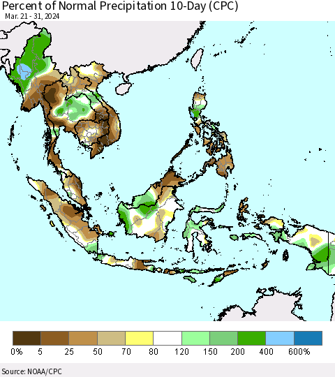 South East Asia Percent of Normal Precipitation 10-Day (CPC) Thematic Map For 3/21/2024 - 3/31/2024