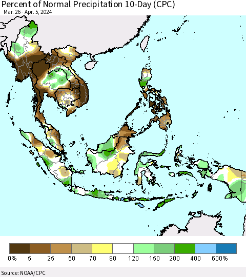 South East Asia Percent of Normal Precipitation 10-Day (CPC) Thematic Map For 3/26/2024 - 4/5/2024
