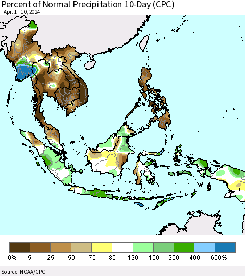 South East Asia Percent of Normal Precipitation 10-Day (CPC) Thematic Map For 4/1/2024 - 4/10/2024