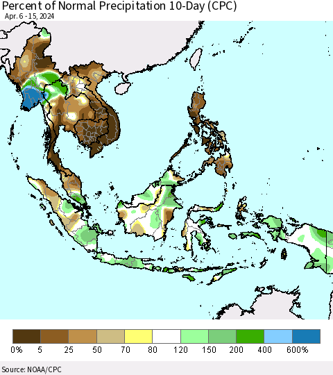 South East Asia Percent of Normal Precipitation 10-Day (CPC) Thematic Map For 4/6/2024 - 4/15/2024