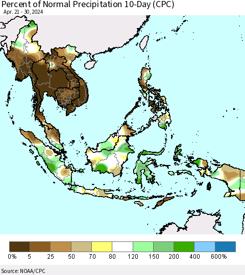 South East Asia Percent of Normal Precipitation 10-Day (CPC) Thematic Map For 4/21/2024 - 4/30/2024