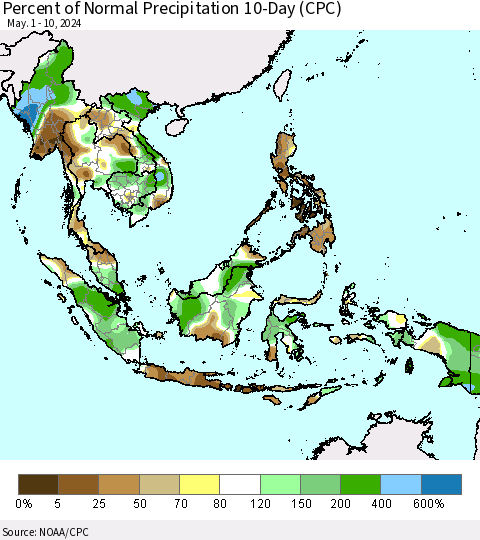 South East Asia Percent of Normal Precipitation 10-Day (CPC) Thematic Map For 5/1/2024 - 5/10/2024