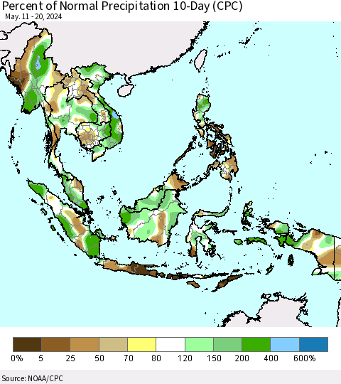 South East Asia Percent of Normal Precipitation 10-Day (CPC) Thematic Map For 5/11/2024 - 5/20/2024